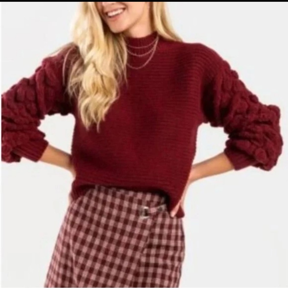 Harper Heritage Balloon Puff Sleeve Crew Neck Sweater, Jewel Color Wine
